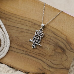 May include: A silver owl pendant necklace with a detailed design and clear crystal accents. The necklace is on a silver chain.