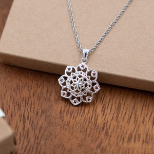 Snowflake Pendant, Silver Mandala Pendant with Garnet Stone, Boho Symbol Necklace yoga charm with chain, 925 Sterling Silver Mandala jewelry