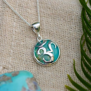 Turquoise OM Necklace Natural Turquoise OM Symbol pendant Hippie Style Boho Design Necklace Yoga Inspired Jewelry Sterling Silver image 1