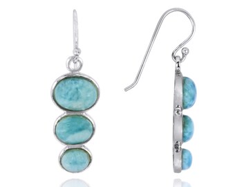 Natural Larimar Earrings – 925 Sterling Silver Dangle Earrings with Larimar Stones – Handmade Boho Jewelry