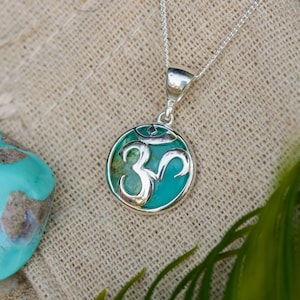 Turquoise OM Necklace Natural Turquoise OM Symbol pendant Hippie Style Boho Design Necklace Yoga Inspired Jewelry Sterling Silver image 2