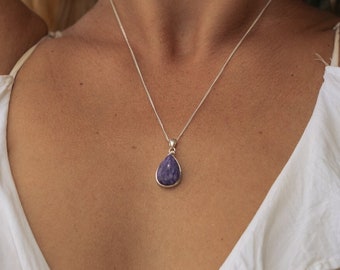 Charoite Necklace - 925 Sterling Silver Pendant with Charoite Stone - Drop Shape Stone - Handmade - Natural Gemstone - Boho Style Jewelry