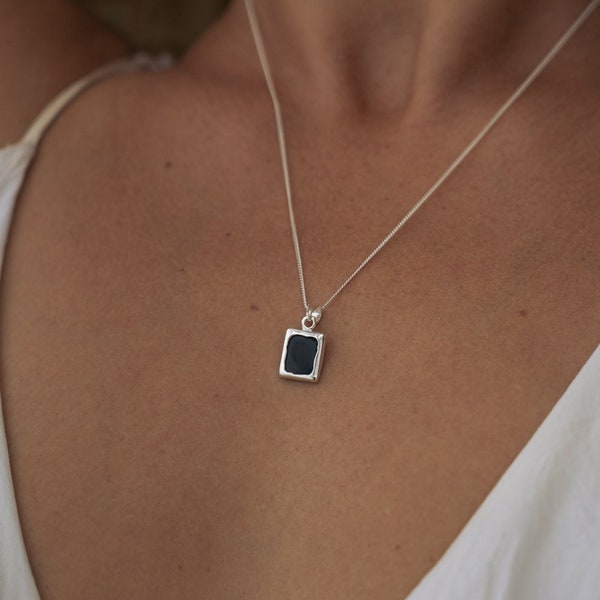 Black Onyx Necklace - 925 sterling silver pendant with Black Onyx Stone - Rectangle Shape Stone - Natural Gemstone - Boho Style Jewelry