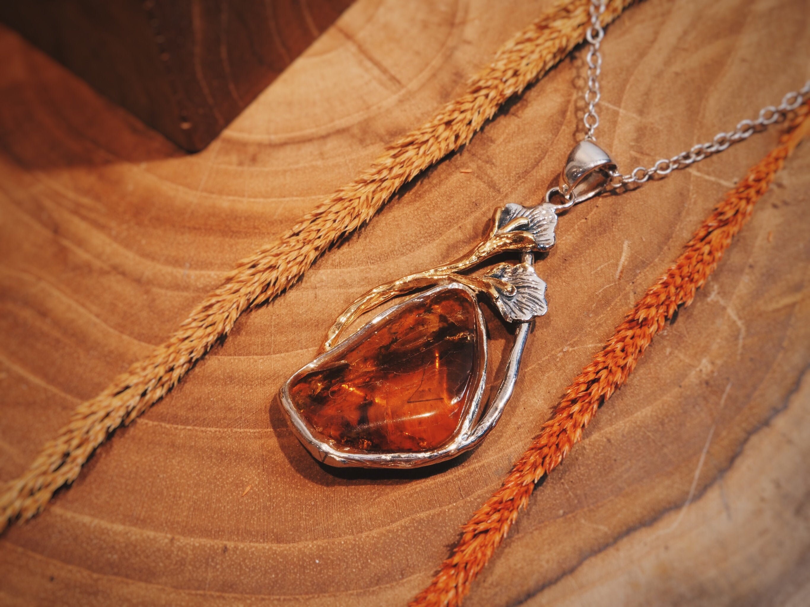Nature Jewelry Amber Charm Necklace Dainty Amber Necklace Natural Amber Necklace Fall Jewelry Sterling Silver Necklace