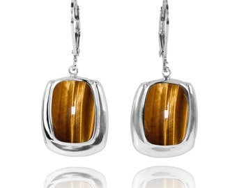 Tiger Eye Earrings - 925 Sterling silver Dangling Earrings with Tiger Eye Stones - Hand Made - Boho Jewelry - Natural Stones