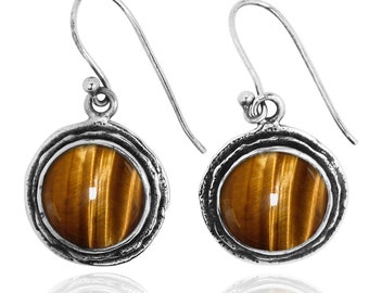 Boucles d’oreilles Tiger Eye - Boucles d’oreilles pendantes en argent sterling 925 avec pierres d’oeil de tigre - Fabriquées à la main - Bijoux Boho - Pierres naturelles