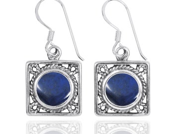 Lapis Lazuli Earrings - 925 Sterling silver Dangling Earrings with Lapis Lazuli Stones - Hand Made - Boho Jewelry - Natural Stones