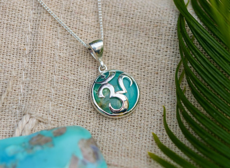 Turquoise OM Necklace Natural Turquoise OM Symbol pendant Hippie Style Boho Design Necklace Yoga Inspired Jewelry Sterling Silver image 1