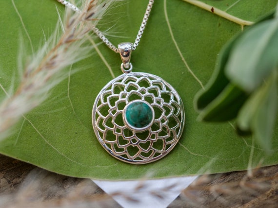 Mandala Necklace with Turquoise Stone - Sahasrara Chakra Symbol - Boho Style Jewellery - Yoga Inspired - Chakra Jewelry - Hearts Pattern