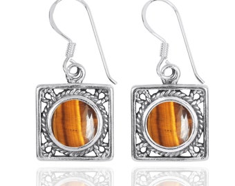 Tiger Eye Earrings - 925 Sterling silver Dangling Earrings with Tiger Eye Stones - Hand Made - Boho Jewelry - Natural Stones