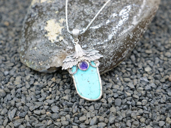 Native Turquoise Eagle Necklace Sterling Silver Pendant With - Turquoise Eagle Necklace Pendant