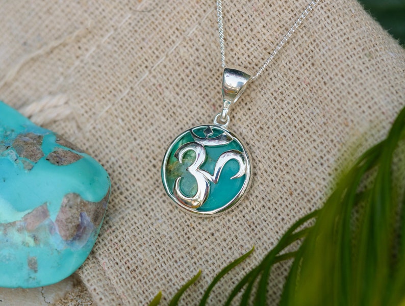 Turquoise OM Necklace Natural Turquoise OM Symbol pendant Hippie Style Boho Design Necklace Yoga Inspired Jewelry Sterling Silver image 2