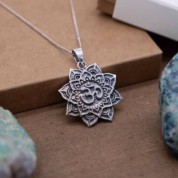Om Mandala Flower Necklace, 925 Sterling Silver Yogi Pendant Aum Symbol Handmade Boho Spiritual Necklace Yoga Gift, Sanskrit Hindu Jewelry