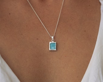 Larimar Necklace - 925 sterling silver pendant with Larimar Stone - Rectangle Shape Stone -Hand Made - Natural Gemstone - Boho Style Jewelry