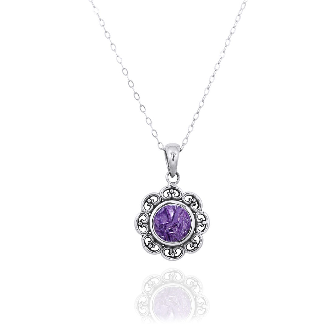 Charoite Necklace 925 Sterling Silver Pendant With Charoite Stone Round ...