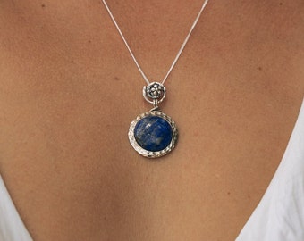 Lapis Lazuli Necklace - 925 sterling silver pendant with Lapis Lazuli Stone - Round Shape Stone - Natural Gemstone - Boho Style Jewelry