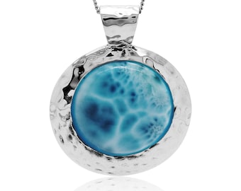 Larimar Necklace - 925 sterling silver pendant with Larimar Stone - Round Shape Stone - Hand Made - Natural Gemstone - Boho Style Jewelry