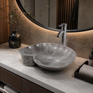 Gray Marble Vessel Sink, Snail Shell Shape, Santo Tomas Natural Stone Bathroom Basin