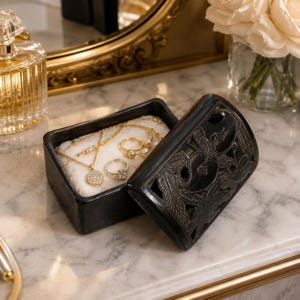Black Clay Jewelry Box, Rectangular Barro Negro Trinket Box, Carved Mexican Pottery Gift