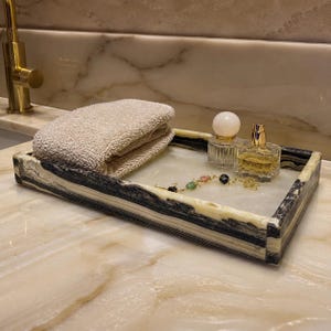 White Onyx Amenity Tray | Rectangular Marble Organizer | Handcrafted Stone Decor