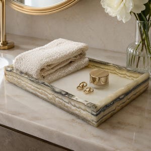 White and Gray Onyx Decorative Tray | Rectangular Stone Catchall | Handcrafted Home Decor