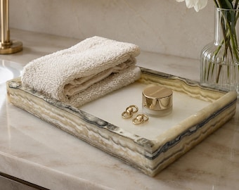 White and Gray Onyx Decorative Tray | Rectangular Stone Catchall | Handcrafted Home Decor