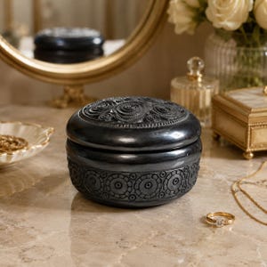 Black Clay Jewelry Box with Lid, Carved Mexican Barro Negro Trinket Holder