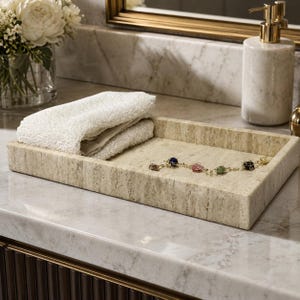Beige Marble Decorative Tray | Rectangular Stone Catchall | Handcrafted Home Decor