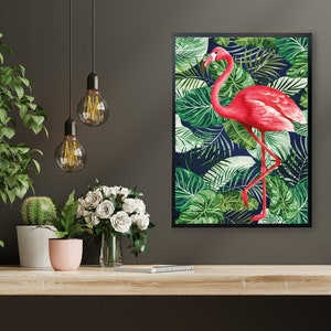 Tropical Maximalist Flamingo Jungle Wall Print - Vibrant Botanical Art in Navy, Pink and Green Colours