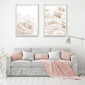 Impresiones de arte de pared de rosas blancas, Impresiones de pared florales, Juego de 2 arte de pared de rosas, Pósteres de pared grandes