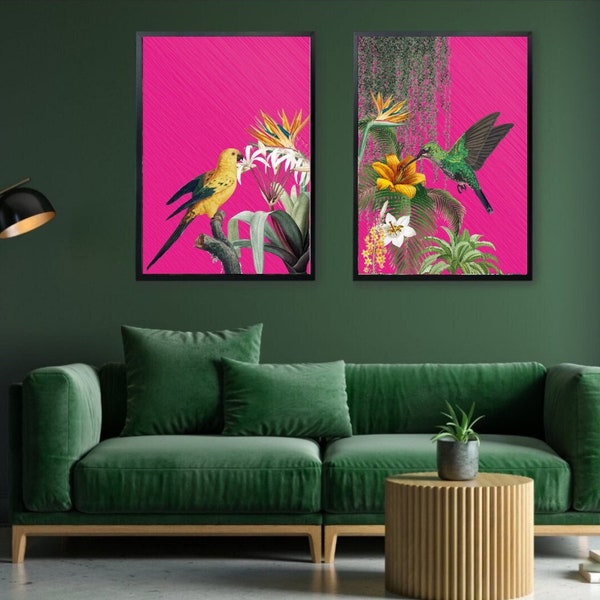 Hot Pink Tropical Birds Print Set, Bright Bold Maximalist Wall Art featuring Vibrant birds and Jungle Themes