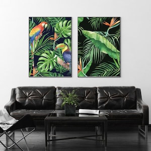 Set di stampe botaniche esotiche, Stampe di uccelli esotici, Set di stampe da parete con foglie di palma, Stampe da parete con pappagalli, Arte da parete tropicale