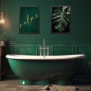 Ensemble d&#39;impression botanique relaxante de luxe vert foncé pour décoration de salle de bain, art mural feuille de Monstera vert émeraude