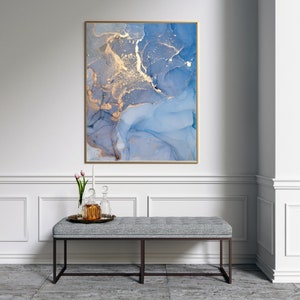 Blue and Gold Fluid Art Wall Print, Abstract Photography Print