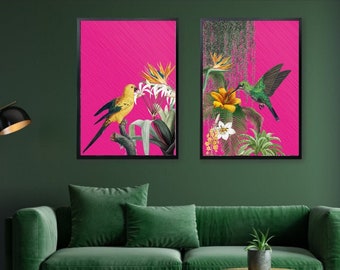 Hot Pink Tropical Birds Print Set, Bright Bold Maximalist Wall Art featuring Vibrant birds and Jungle Themes