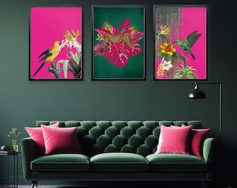 Tropical Maximalist Set of 3 Prints | Jungle Wall Art | Emerald Green Leopard & Hot Pink Exotic Bird Artwork