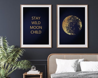 Navy Blue & Gold Moon Child Print Set - Stay Wild Moon Child - Set of 2