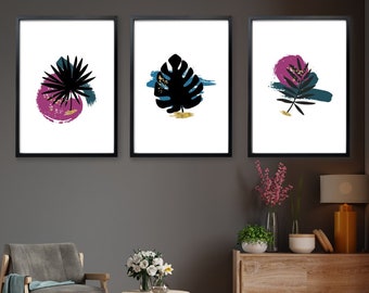 Botanical Jewel Colour Wall Print Set of 3, Abstract Botanical Print, Living Room Print Set, Large Set of Wall Poster