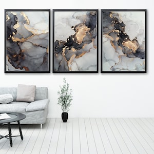 Black/Grey and Gold Fluid Ink Wall Art Prints, Liquid Art Style Print Set, Set of 3 abstract style prints