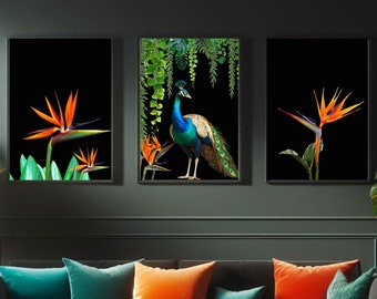 Set of 3 Birds-of-Paradise and Peacock Wall Art Prints - Tropical Botanical Maximalist Style Statement Art Pieces