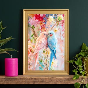 Art mural pastel tourtereaux | Impression romantique perroquet | Décoration d'oiseau rose pâle et bleu | Cadeau fantaisiste pour couple