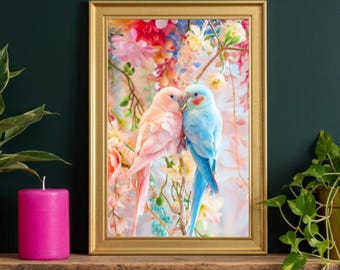 Pastel Lovebirds Art Print | Romantic Parrot Couple