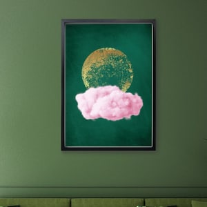 Impression nuage vert émeraude, impression nuage rose, affiche lune dorée, impression murale maximaliste