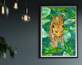 Vibrant Maximalist Leopard Jungle Wall Print - Tropical Botanical Artwork with Teal Background