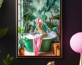 Leopard in Bathtub Print: Glam Jungle Bathroom Wall Art