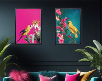 Tropical Maximalist Yellow Bird Set | Hot Pink and Teal Exotic Bird Prints | Vibrant Jungle Wall Art for Bold Interiors