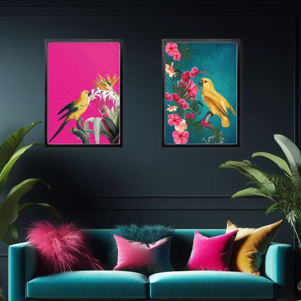 Tropical Maximalist Yellow Bird Set | Hot Pink and Teal Exotic Bird Prints | Vibrant Jungle Wall Art for Bold Interiors