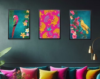 Tropical Maximalist Teal & Hot Pink Print Set - Vibrant Tropical Bird and Leopard Wall Art Set of 3