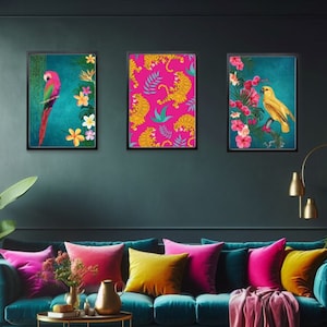 Set di stampe Tropical Maximalist Teal e Hot Pink - Set di 3 stampe murali con uccelli tropicali e leopardi vivaci