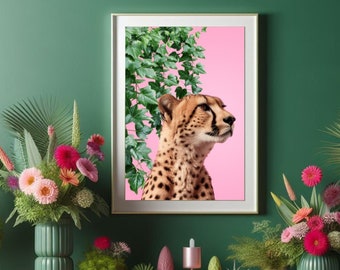 Cheetah Wall Print on Vibrant Pastel Pink Jungle Background, Exotic Maximalist Art, Tropical Jungle Foliage Statement Print